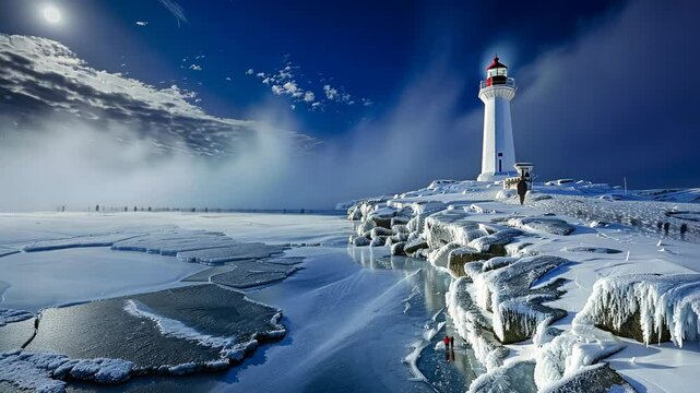 Visitors gather near a striking lighthouse surrounded by frozen terrain under a dramatic winter sky at dusk