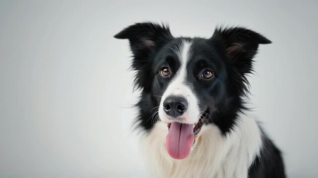 The dog is a happy collie with black and white fur. He is shown panting with tongue out, likely after play or exercise.