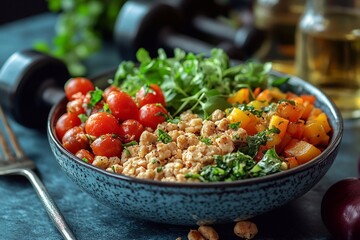 A plate with a vegetarian protein bowl is on the table next to the weights.

