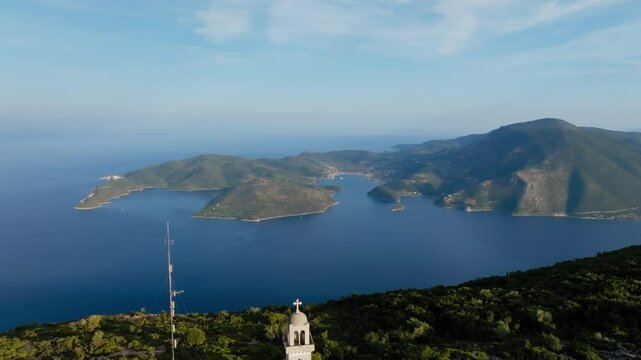 Aerial footage of the historic Panagia Kathariotissa Monastery in Ithaca island, Greece