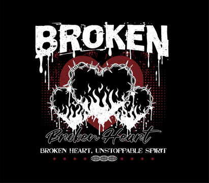 Broken heart design with fire and flames in urban print style.  vector illustration for t-shirt designs, streetwear prints, posters, and more