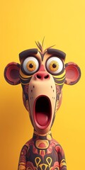 Fototapeta premium Surprised Golden Monkey with Open Mouth, Big Eyes, and Abstract Tribal Paint on Yellow Background