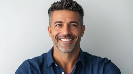 Obraz premium closeup smiling headshot of a confident and happy hispanic man middle aged and professional perfect for freelance business identity or team introduction