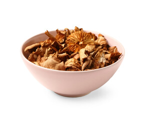 Pink bowl with tasty dried mushrooms on white background
