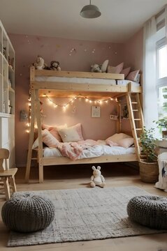 A bedroom with a bunk bed and a stuffed rabbit on the bed