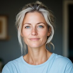 authentic portrait of 40 years old European woman in light blue t-shirt at home, lifestyle, closeup