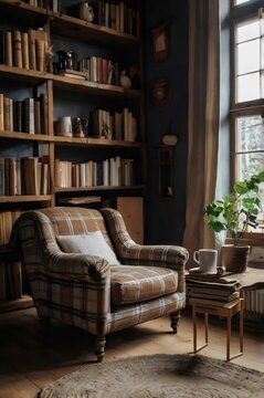 A cozy reading room with a brown plaid chair
