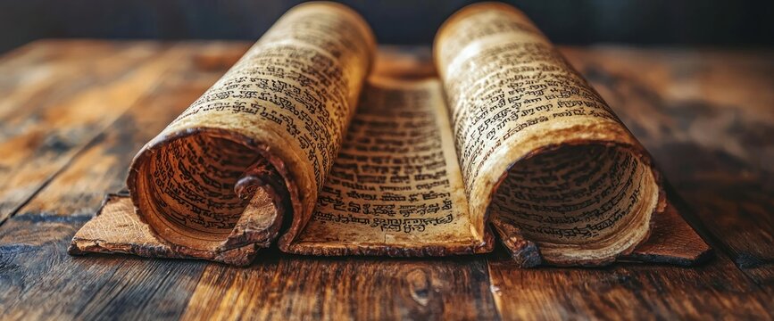 Ancient scrolls on wooden table