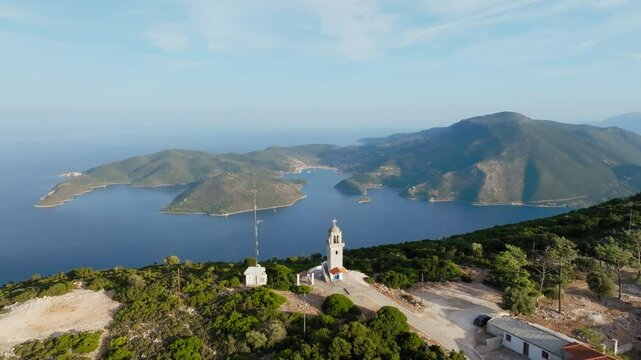 Panoramic drone shot of Panagia Kathariotissa Monastery in Ithaca island, Greece