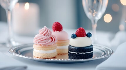 fine dining experience, delicious upscale desserts on silver platter, on elegant table with fine linens and sparkling crystal glasses