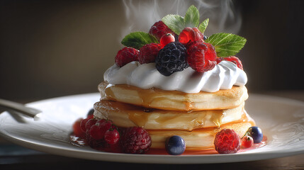 Pancakes with Whipped Cream and Fresh Berry Topping