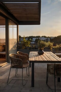 A patio with a wooden table and chairs, and a vase on the table