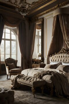A bedroom with a large bed and a chair