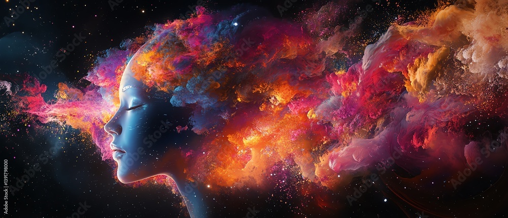 Poster a futuristic ai brain surrounded by vibrant bursts of color, flowing neural patterns, and intricate 