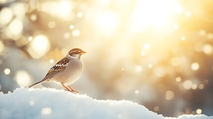sparrow perched on snowy branch close up winter wildlife photography nature avian feather detail sunlight cold season environment with frosty blurred background outdoor