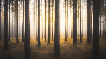 Obraz premium Trees in a forest with light shining through the trunks and foliage.