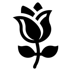 Black silhouette logo of a tulip flower with a stem and leaves, simple and elegant design