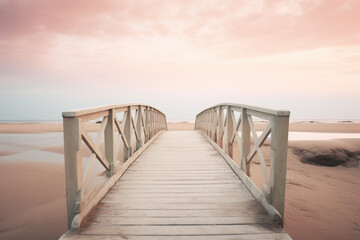 Fototapeta premium Wooden pedestrian bridge over sandy beach leading to the ocean at pastel sunrise