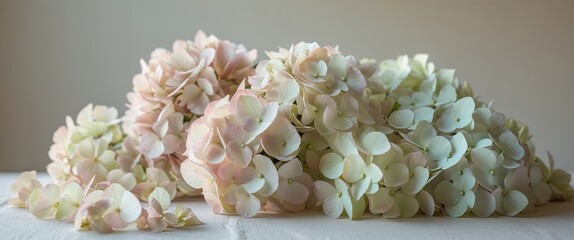 Beautiful pastel hydrangeas artfully arranged to evoke a sense of tranquility