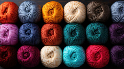 Colorful yarn balls neatly arranged in rows showing variety of vibrant knitting materials