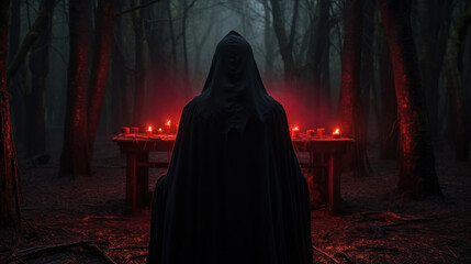 Hooded figure standing before ritual altar with red candles in dark mysterious forest at night