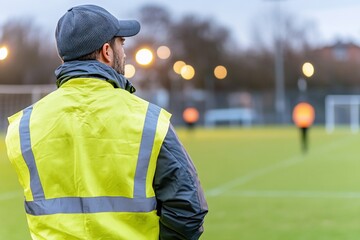Fototapeta premium Coach watching youth soccer game, dusk