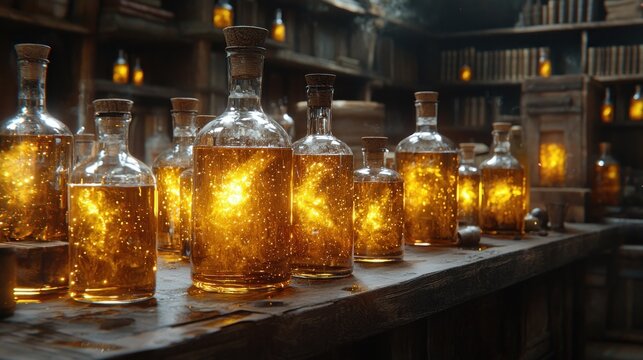 Golden elixir in antique bottles