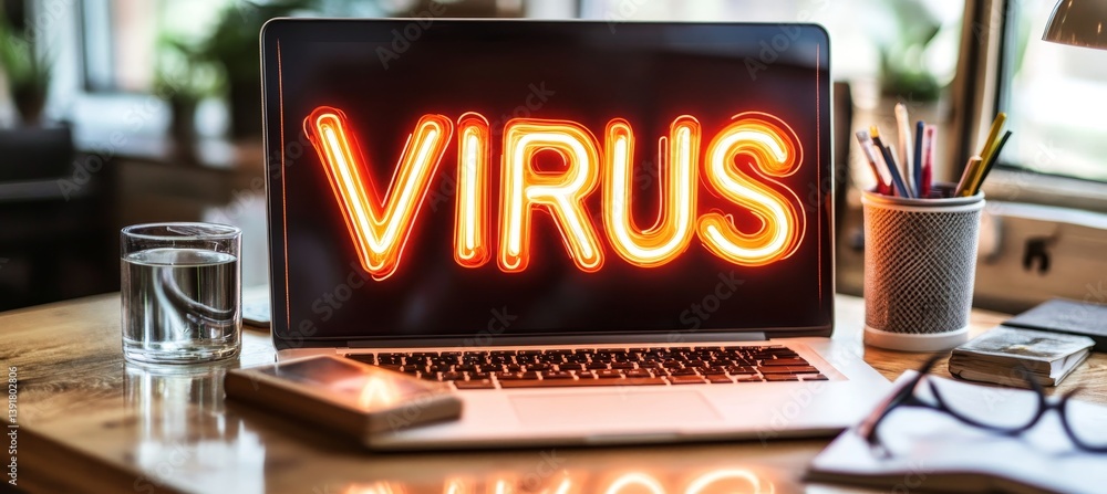 Aufkleber laptop computer with neon-lit virus warning message on screen symbolizing cyber threats
