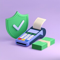 A digital illustration featuring a payment terminal, a shield symbolizing security, and bundled cash against a soft purple background.