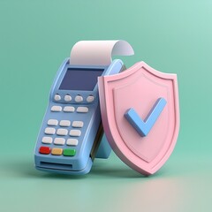 A pastel-colored payment terminal with a paper roll next to a pink shield symbolizing security and trust in financial transactions.