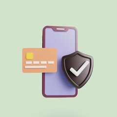 A smartphone displays a credit card and a security shield icon, symbolizing secure online transactions and digital payment safety.