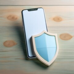 A smartphone with a blank screen rests beside a blue shield, symbolizing digital security and protection on a wooden surface.