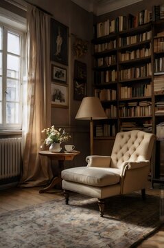 A chair is sitting in front of a window with a vase of flowers on a table