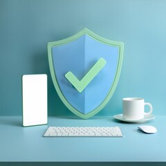 A modern workspace featuring a shield symbolizing security, with a smartphone, keyboard, and coffee cup on a minimalist blue background.