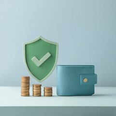 A modern wallet beside stacked coins and a green shield symbolizing financial security and protection.