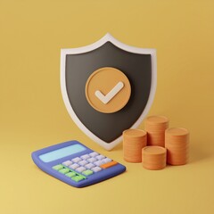 A colorful illustration featuring a calculator, stacks of coins, and a shield with a check mark, symbolizing finance and security.