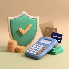 A colorful representation of financial security featuring a calculator, coins, cards, and a shield symbolizing protection and trust in money management.