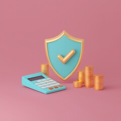 A digital illustration featuring a shield symbolizing security, a calculator, and stacks of coins on a pink background, representing financial safety and management.