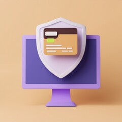 A stylized illustration of a computer monitor with a payment card and a shield, symbolizing online security and financial protection.