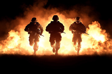Fototapeta premium Soldiers advance through a fiery battlefield in a display of courage and determination