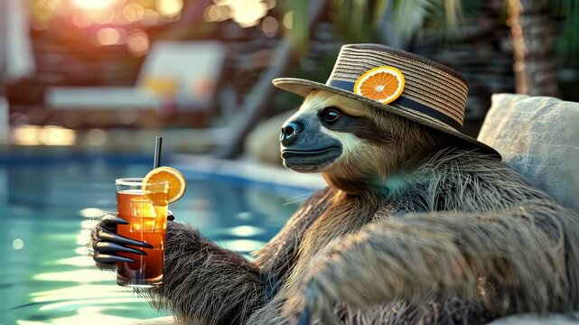 a sloth in a hat drinks a cocktail on the background of a swimming pool. Selective focus