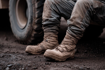 Soldiers resting on armored vehicle after combat in dusty environment during late afternoon hours