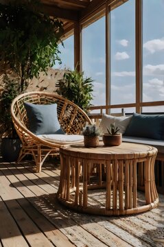 A wooden patio set with a wicker chair and a coffee table