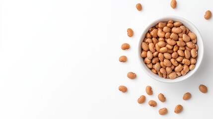 Raw Untreated Peanuts in White Bowl Surrounded by Peanuts on White Background
