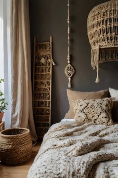 A bedroom with a bed, a basket, a lamp, and a plant