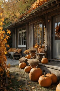 A house with a porch full of pumpkins and a chair