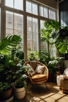 A room with a lot of plants and a chair with a pillow on it