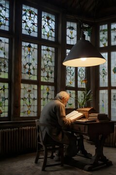A man is sitting at a desk reading a book