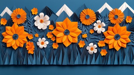 Vibrant Paper Art Display Featuring Flowers and Mountains in an Outdoor Festival Setting