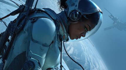 An astronaut is looking towards space with a distant object